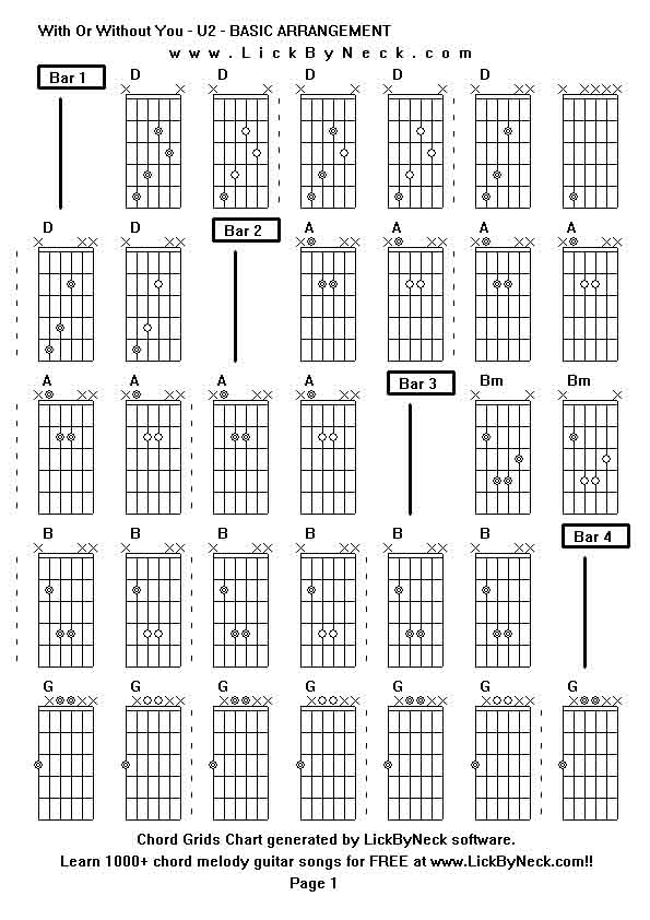 Chord Grids Chart of chord melody fingerstyle guitar song-With Or Without You - U2 - BASIC ARRANGEMENT,generated by LickByNeck software.